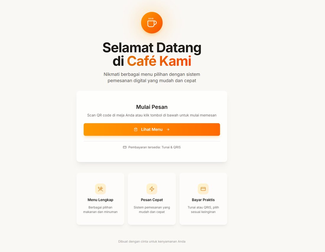 Halaman pembuka pemesanan Cafe Coklat Tepi Sawah dengan tombol Lihat Menu, keterangan pemindaian QR code di meja, dan pilihan pembayaran tunai atau QRIS.